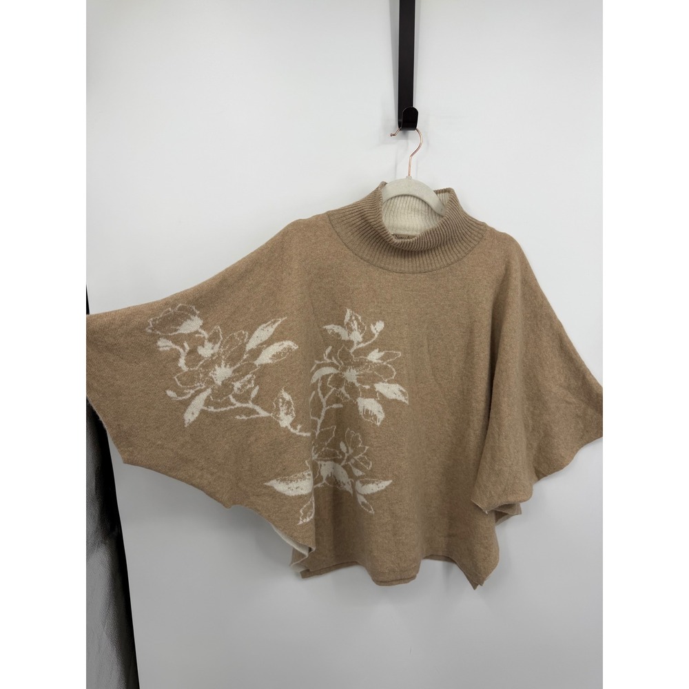 Note di Anita Floral Poncho Sweater Womens OS‎ Tan Merino Wool Cashmere Blend